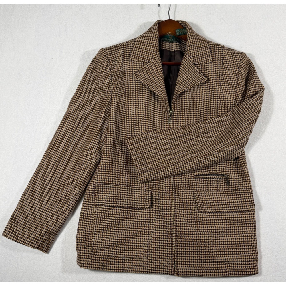 Embassy Row Vintage 90s Pure Wool Houndstooth Zip Front Blazer Jacket Brown Tan
